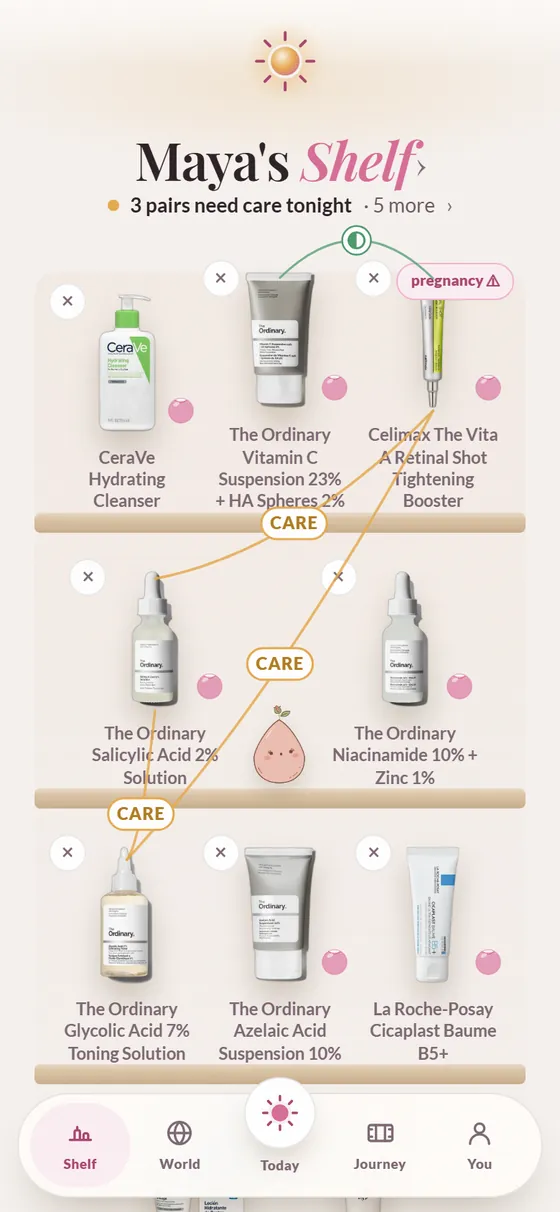 Maya's shelf in the day: ten bottles, the threads between the ones that need care
