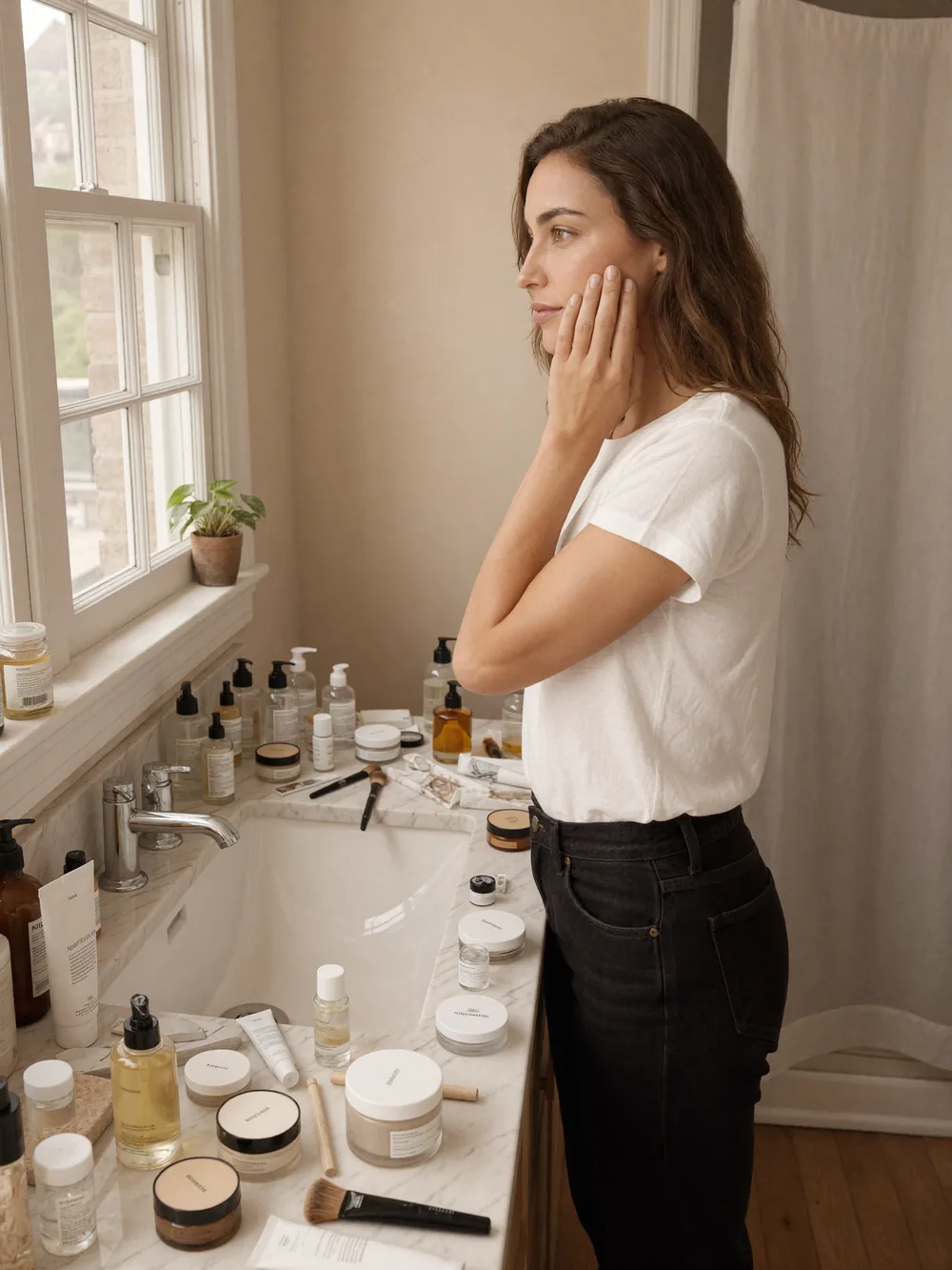 A bathroom shelf overflowing with skincare products